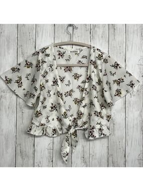 Reverse Floral Tie Front Crop Coquette White Rose Blouse Romantic Summer Shirt